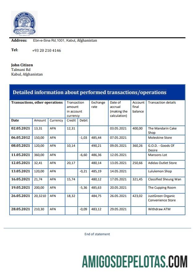 Afghanistan Da Afghanistan Bank Statement examplo